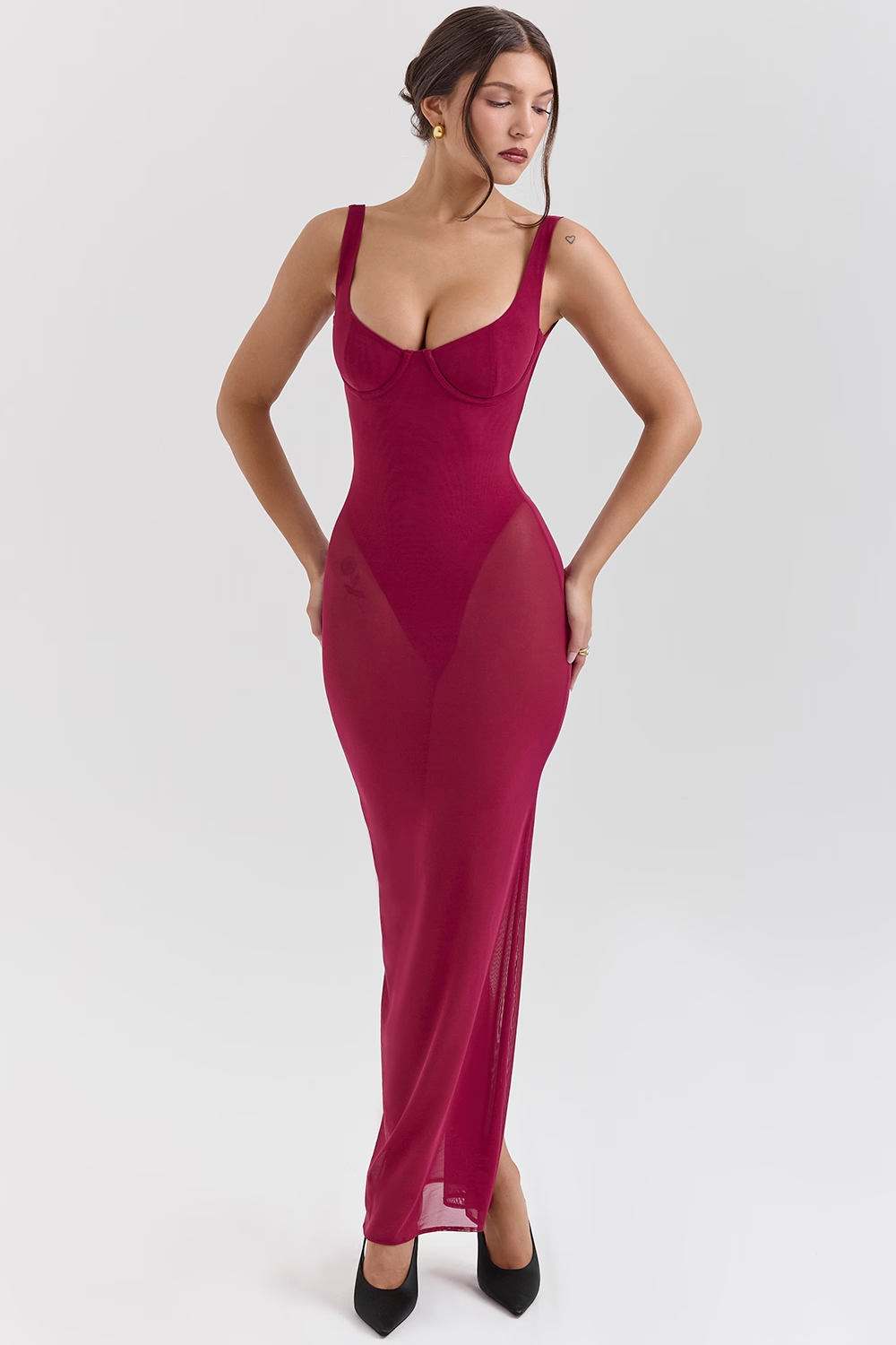 Robina Wine Stretch Mesh Maxi Dress - Dark Red