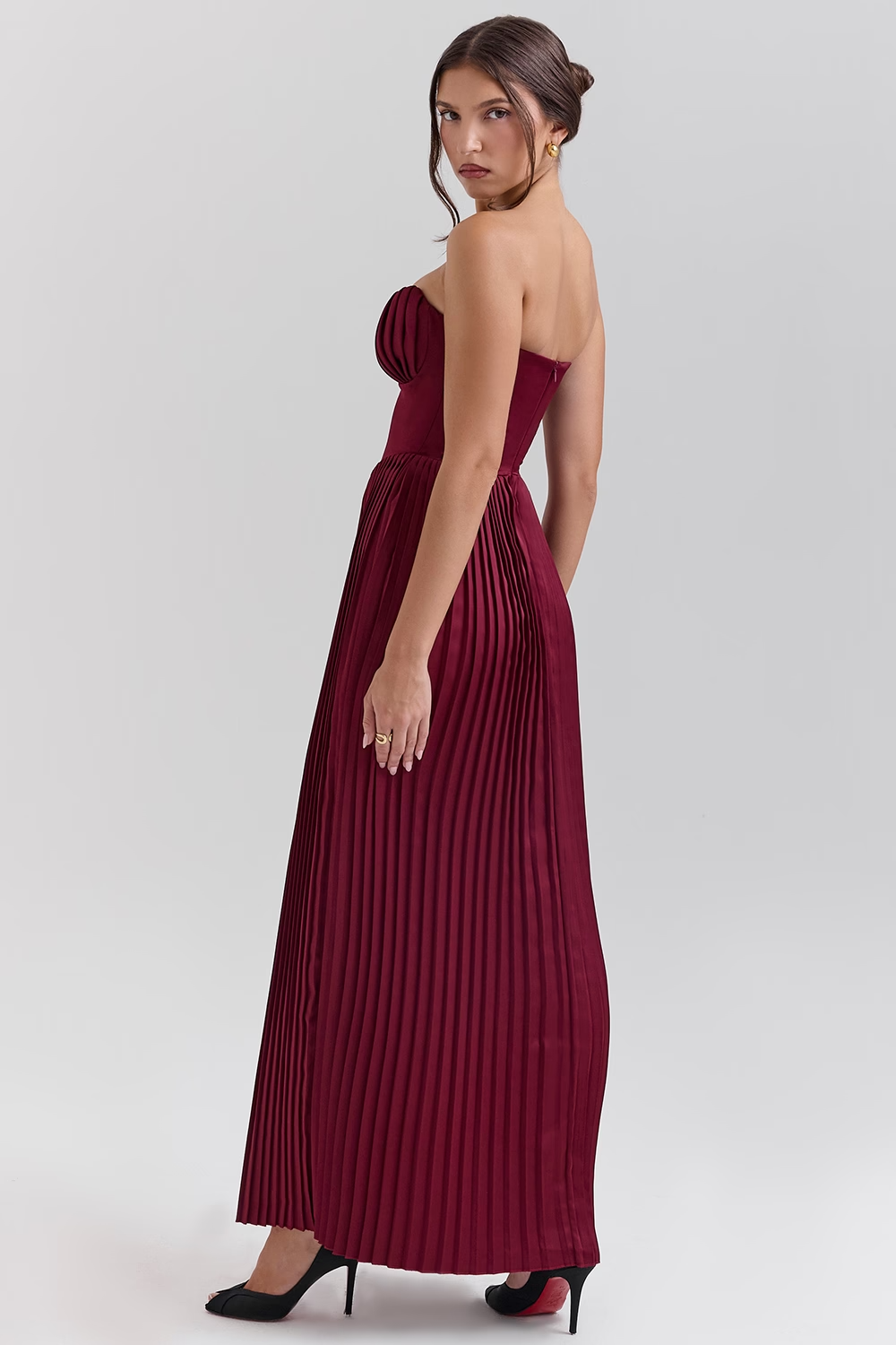 Marcella - Berry Pleated Georgette Maxi Dress - RED