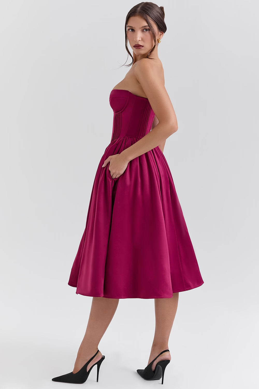 Coco Burgundy Satin Tulle Midi Dress - Red