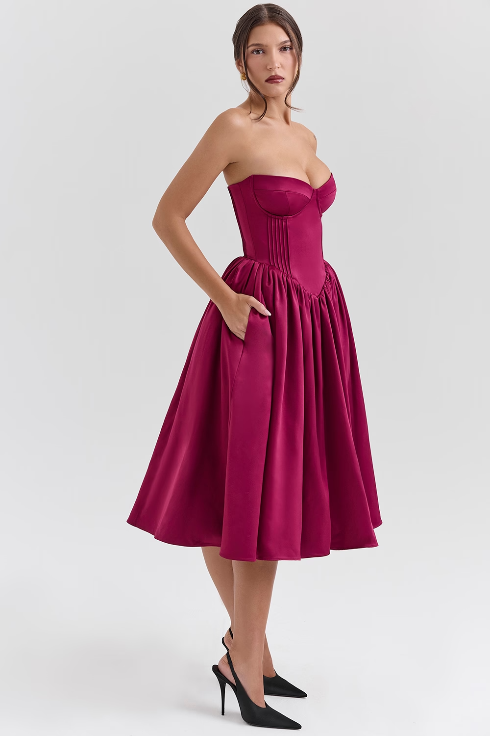 Coco Burgundy Satin Tulle Midi Dress - Red