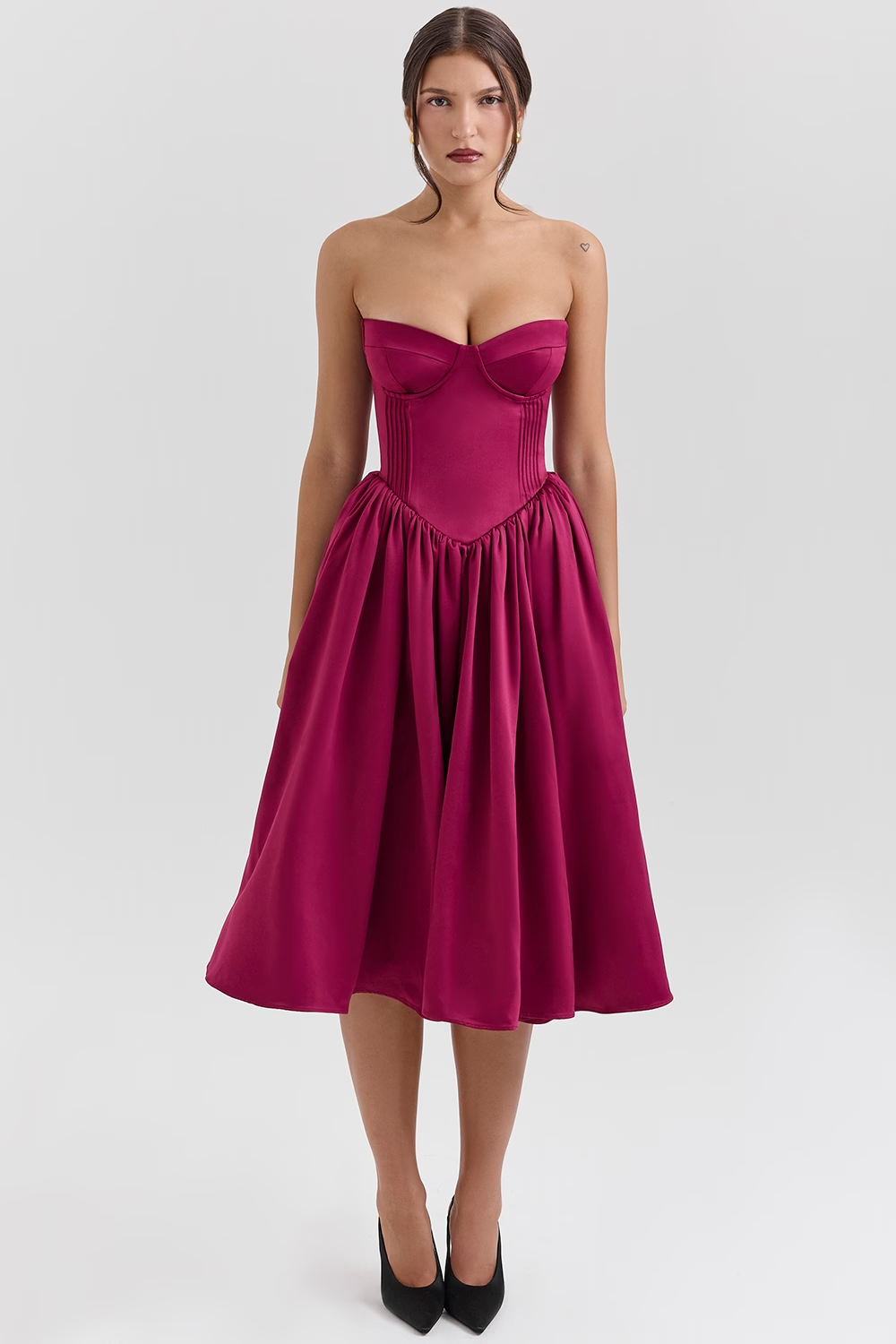 Coco Burgundy Satin Tulle Midi Dress - Red