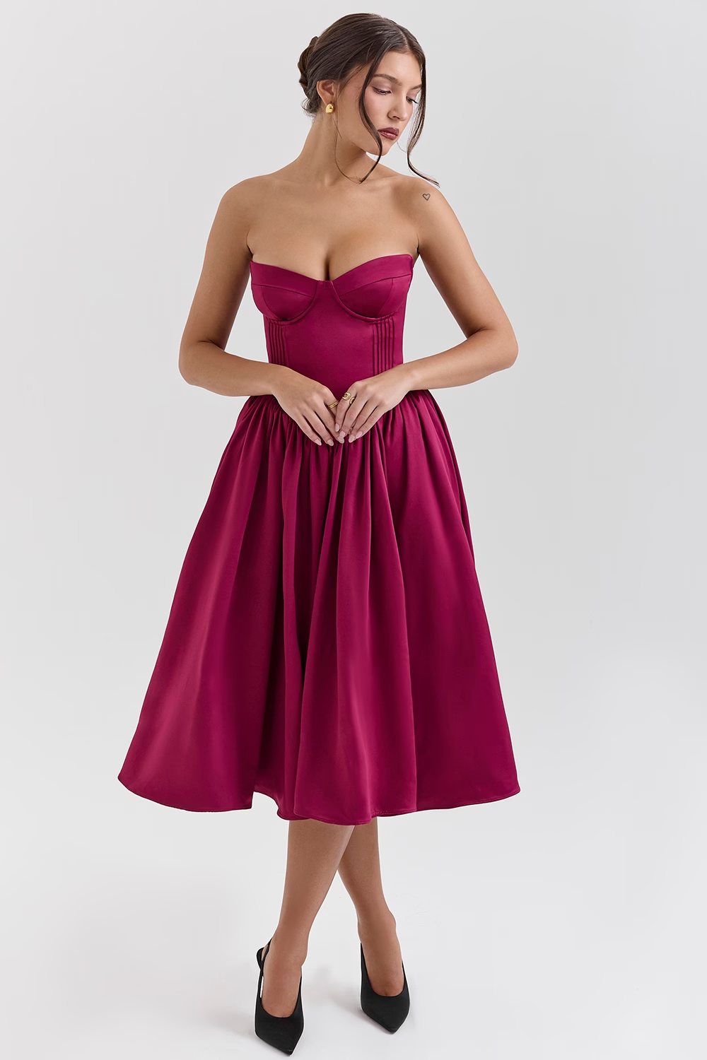 Coco Burgundy Satin Tulle Midi Dress - Red