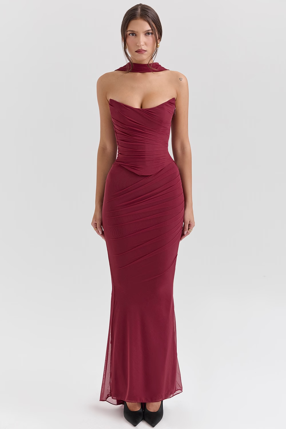 Hallie Cabernet Strapless Corset Maxi Dress with Neck Scarf - Red