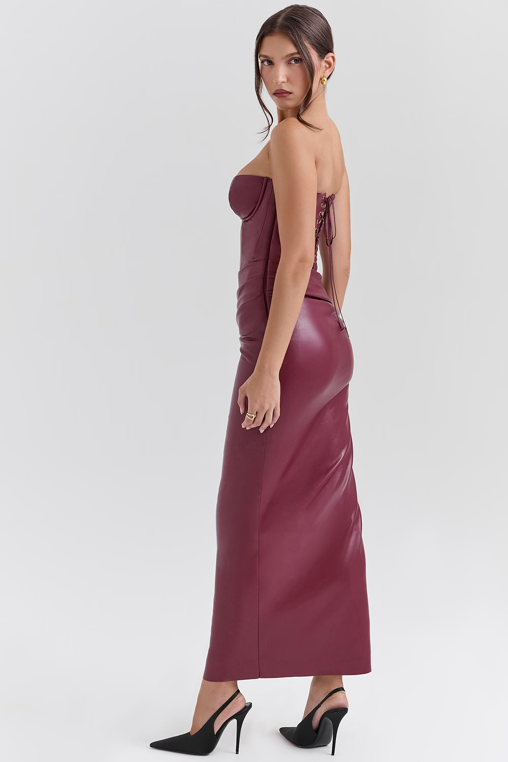 Juliana Cabernet Vegan Leather Midi Dress - Dark red