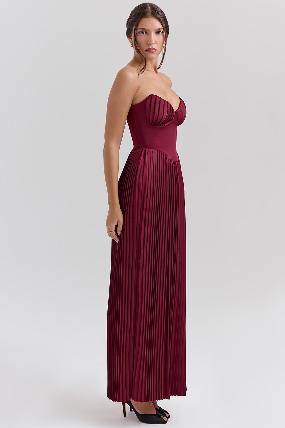 Marcella - Berry Pleated Georgette Maxi Dress - RED