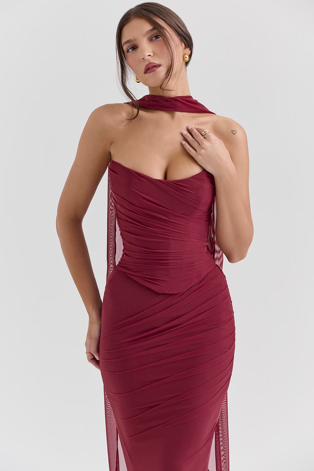 Hallie Cabernet Strapless Corset Maxi Dress with Neck Scarf - Red