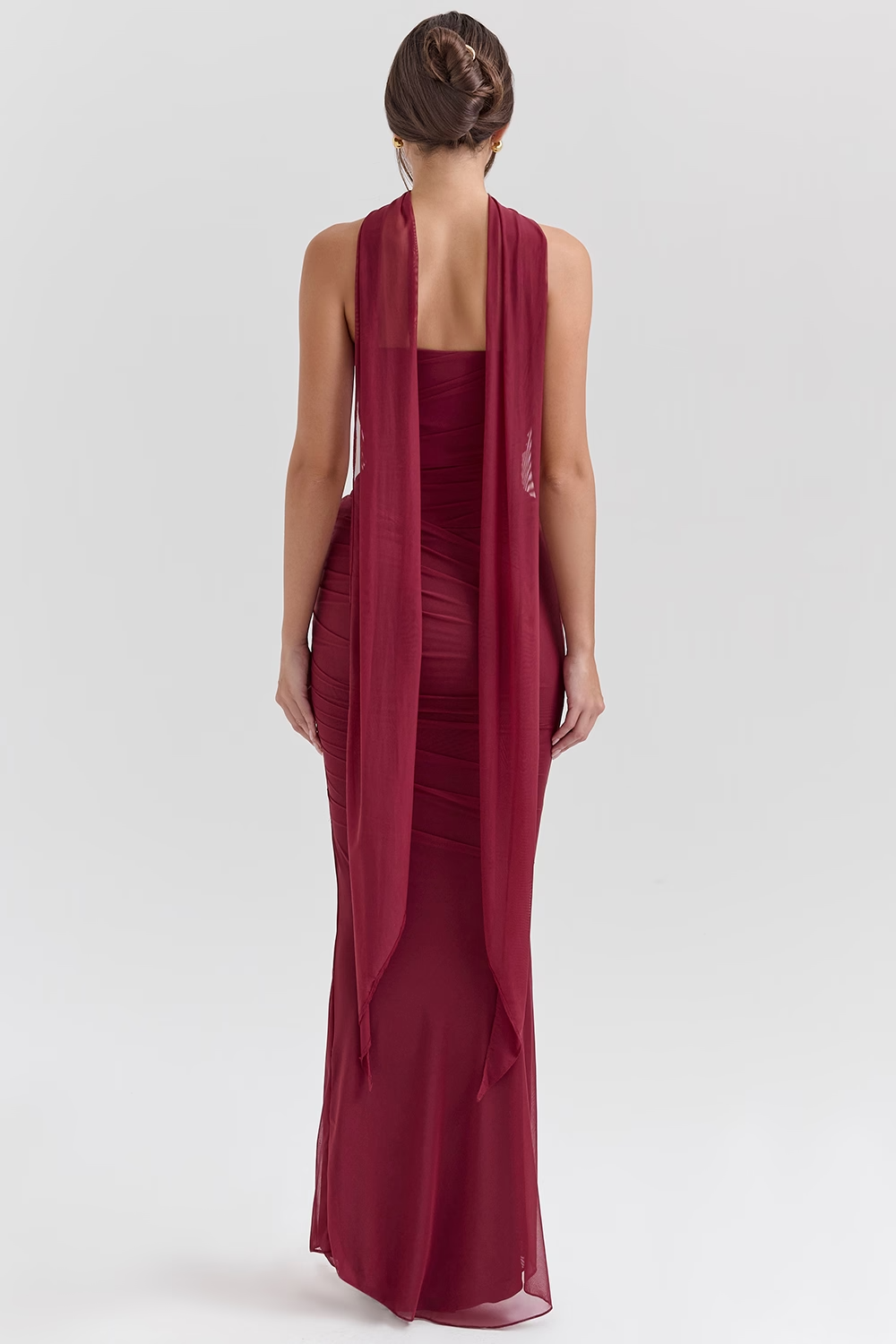 Hallie Cabernet Strapless Corset Maxi Dress with Neck Scarf - Red