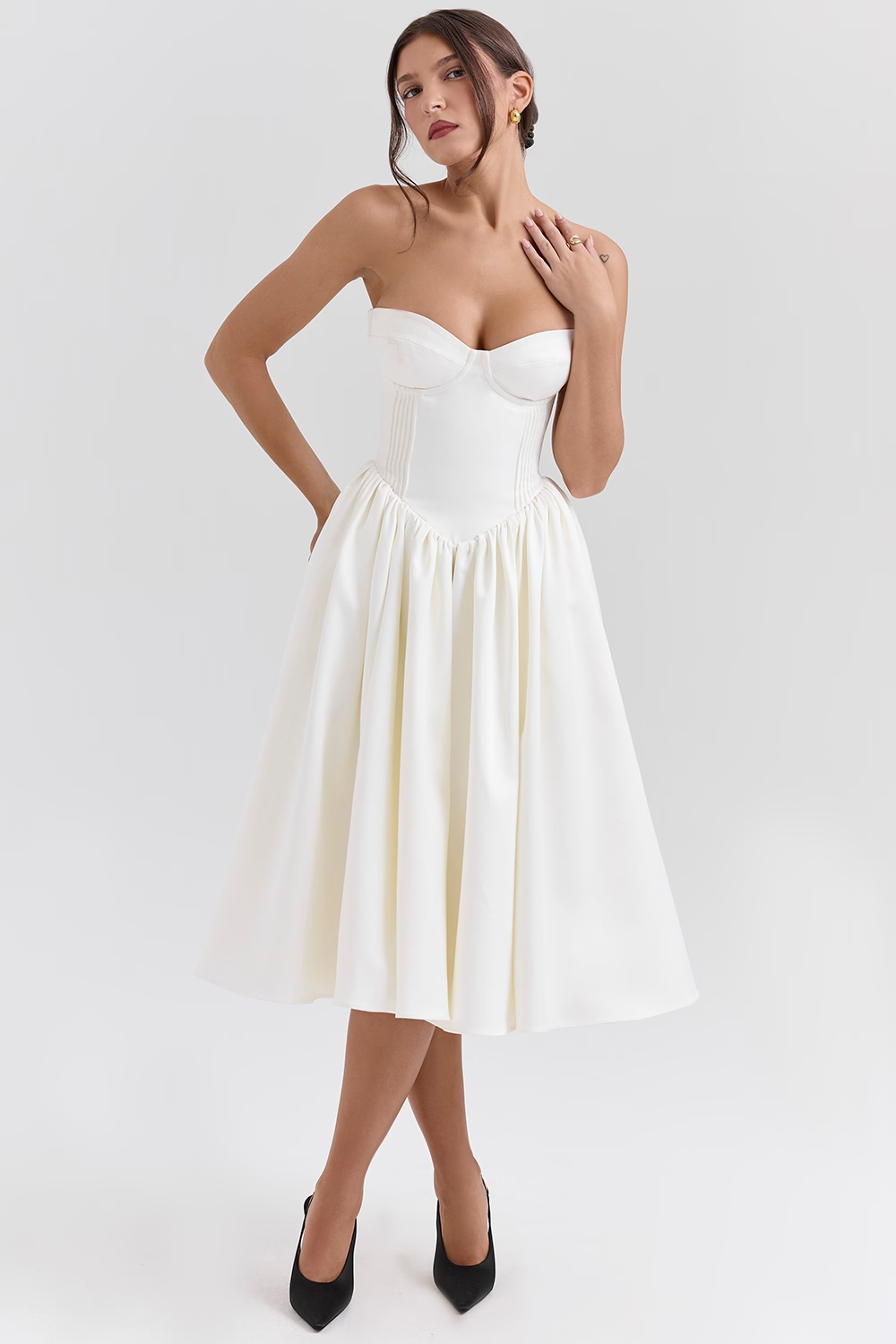 Coco Vintage Ivory Satin Midi Dress - Ivory White