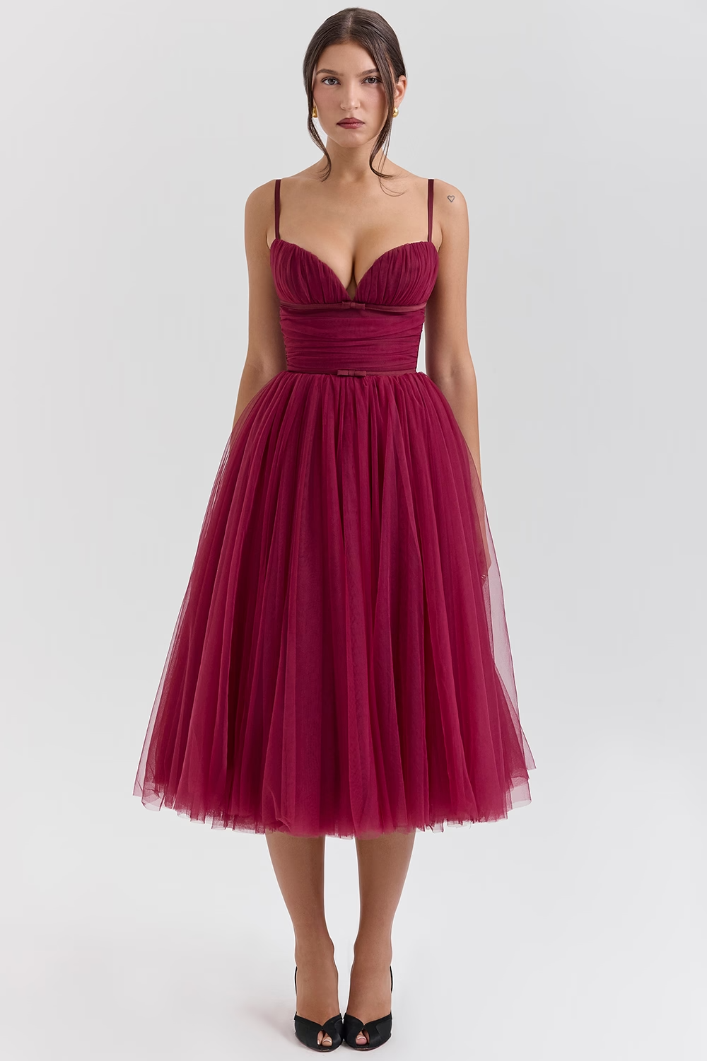 Countess Black Tulle Ruched Bodice Midi Dress - Dark red