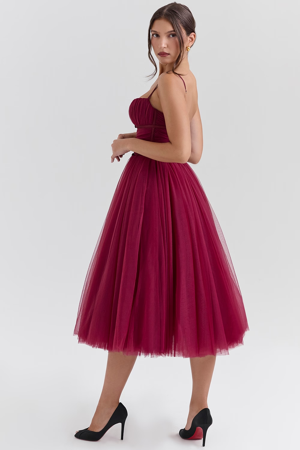 Countess Black Tulle Ruched Bodice Midi Dress - Dark red