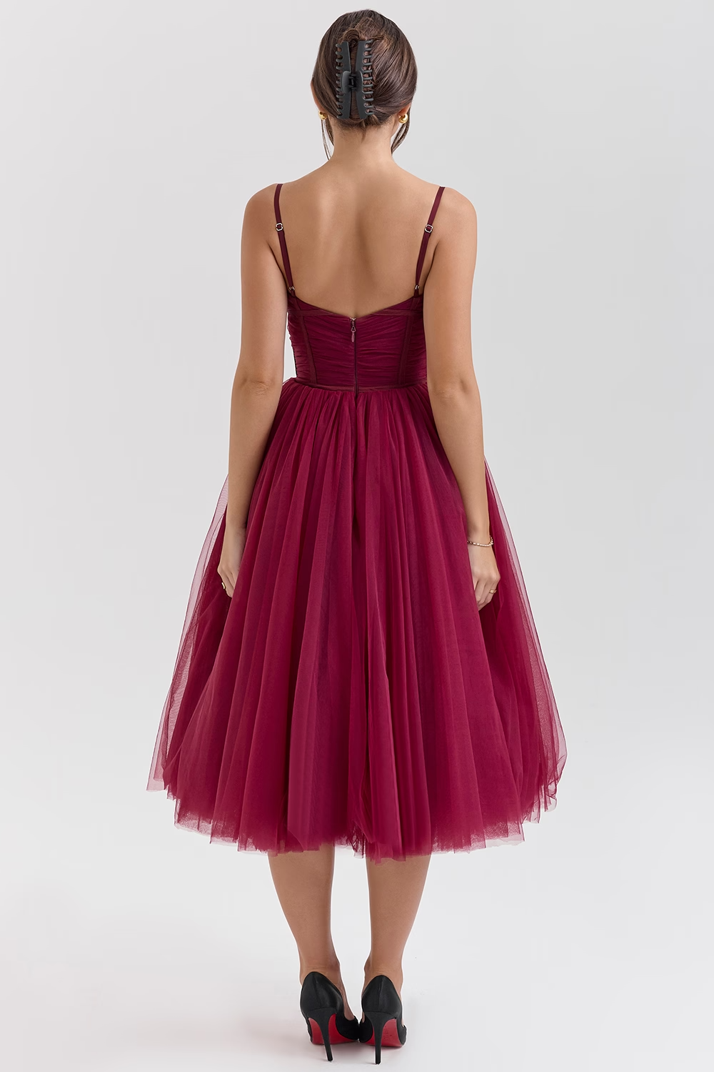 Countess Black Tulle Ruched Bodice Midi Dress - Dark red