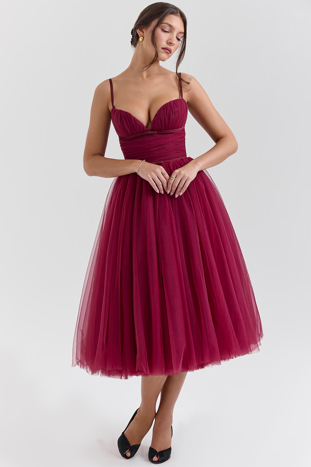 Countess Black Tulle Ruched Bodice Midi Dress - Dark red