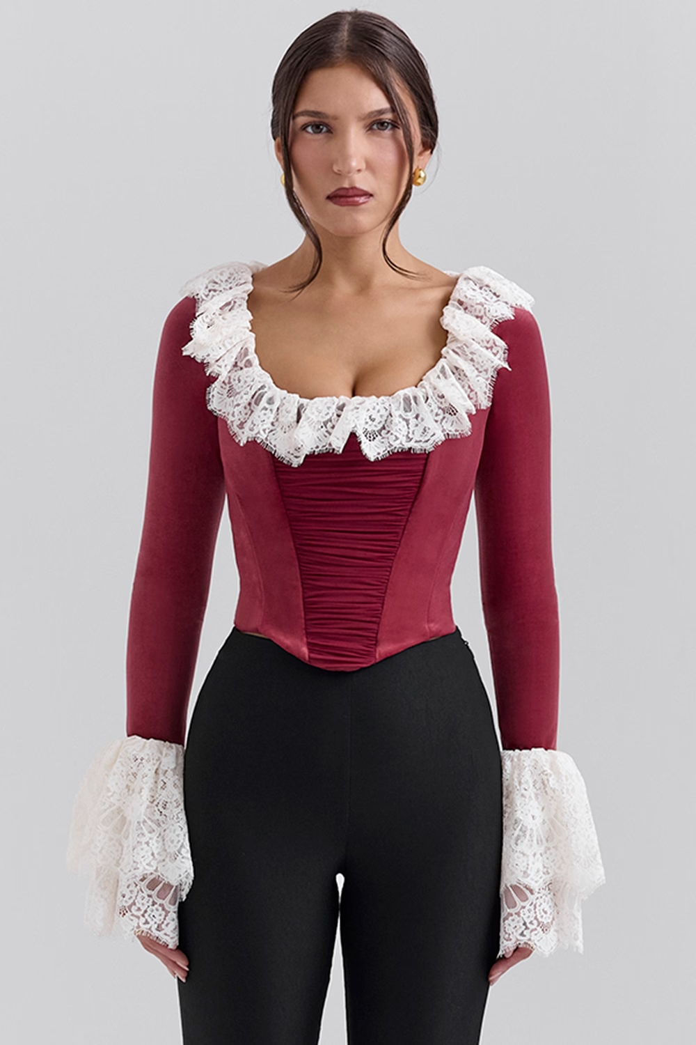 Jacinda Cabernet Velvet Lace Trimmed Corset Top - Dark  Red