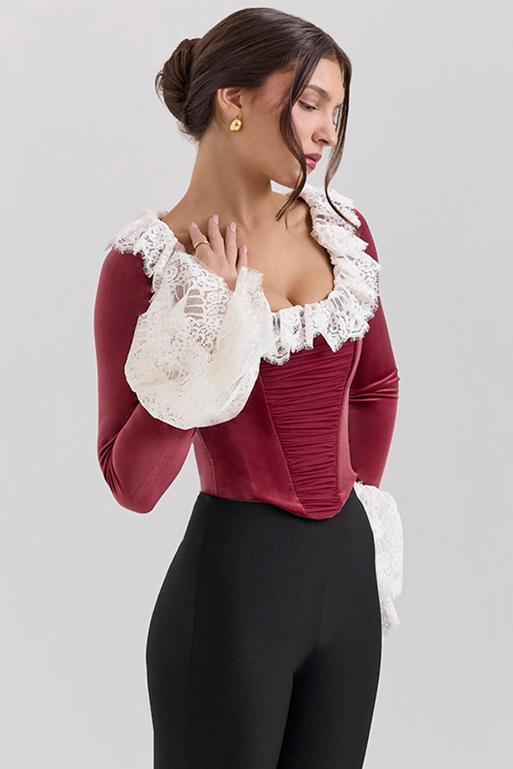 Jacinda Cabernet Velvet Lace Trimmed Corset Top - Dark  Red