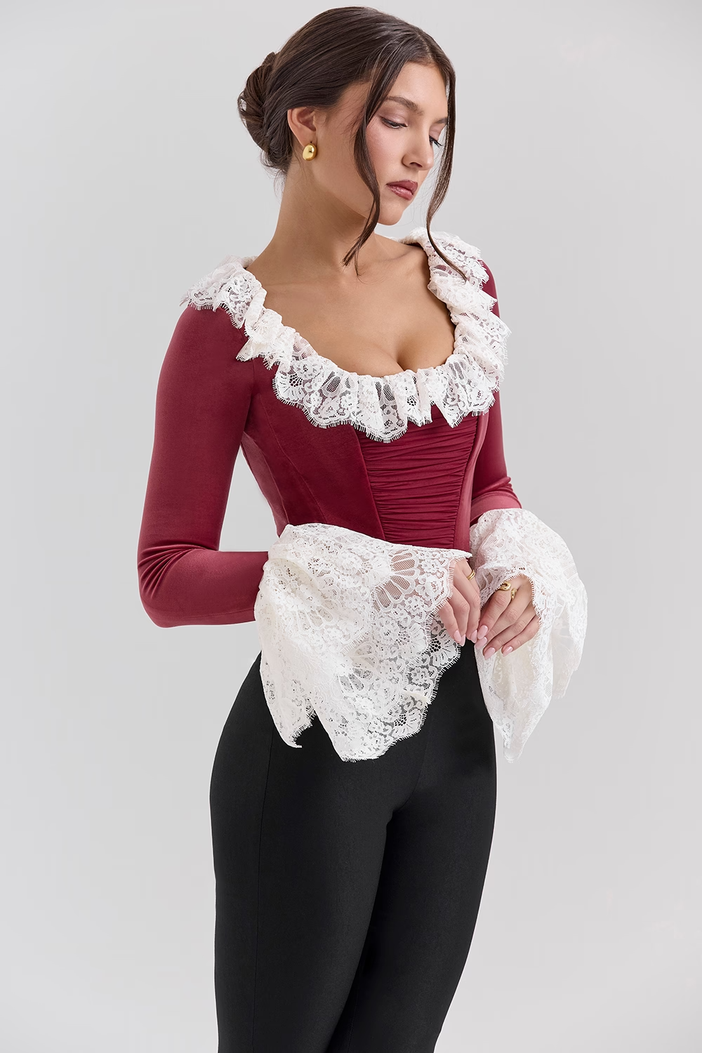 Jacinda Cabernet Velvet Lace Trimmed Corset Top - Dark  Red