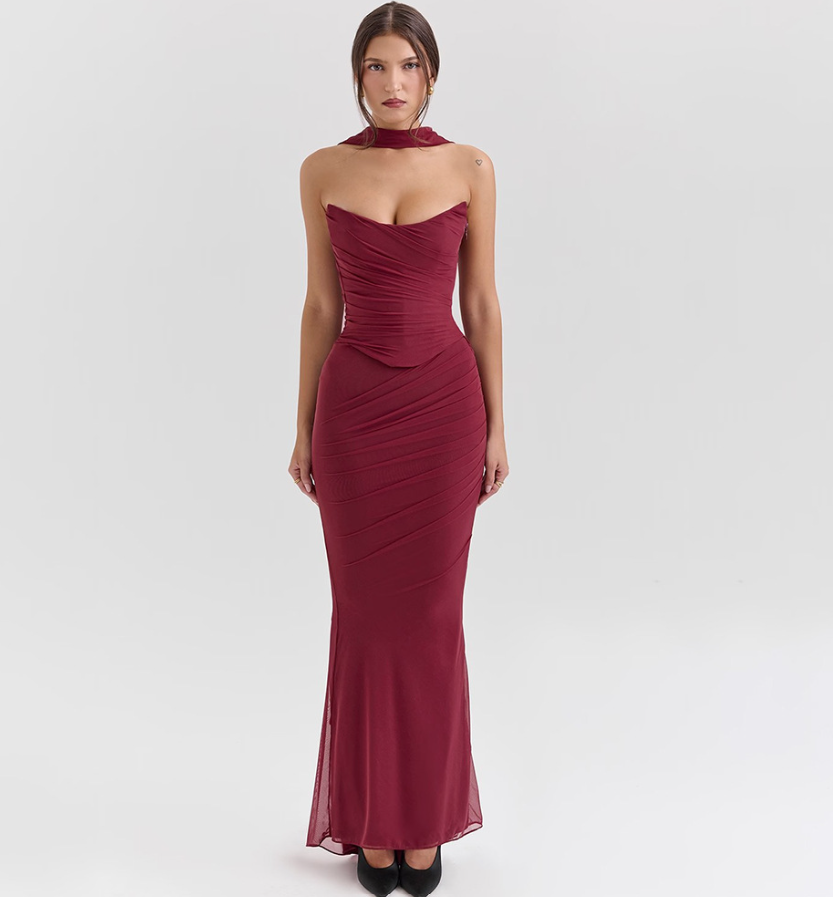 Hallie Cabernet Strapless Corset Maxi Dress with Neck Scarf - Red