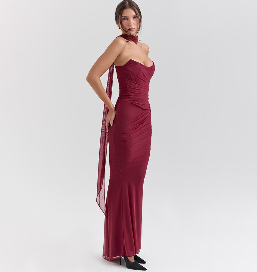 Hallie Cabernet Strapless Corset Maxi Dress with Neck Scarf - Red