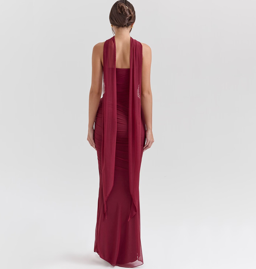 Hallie Cabernet Strapless Corset Maxi Dress with Neck Scarf - Red