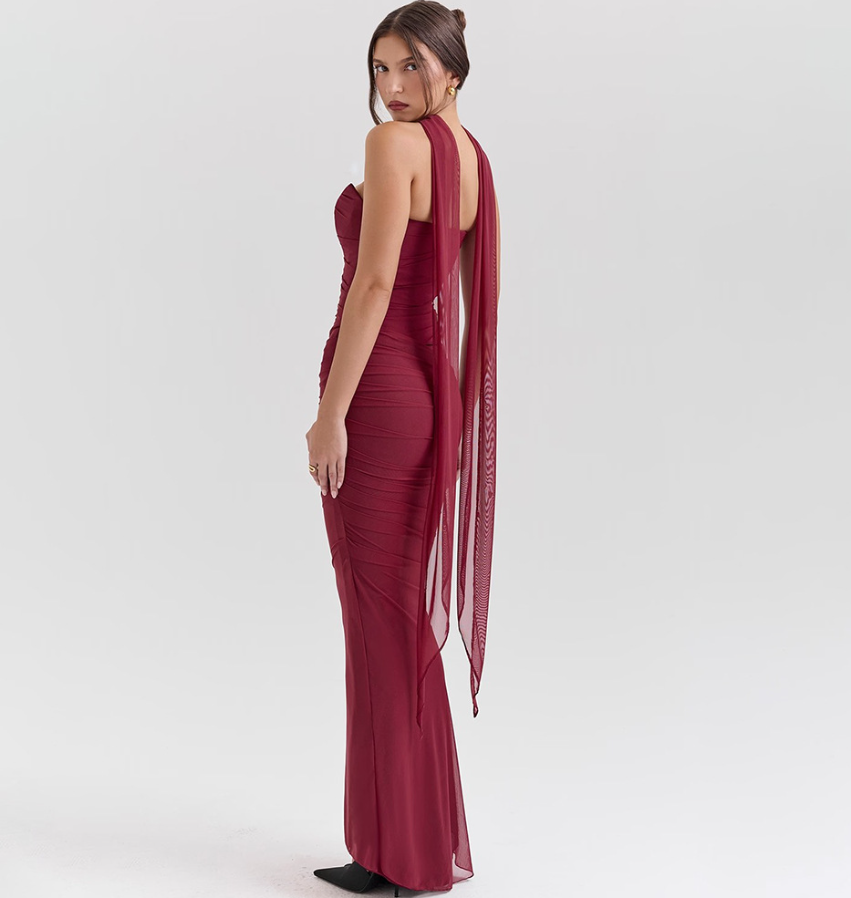 Hallie Cabernet Strapless Corset Maxi Dress with Neck Scarf - Red