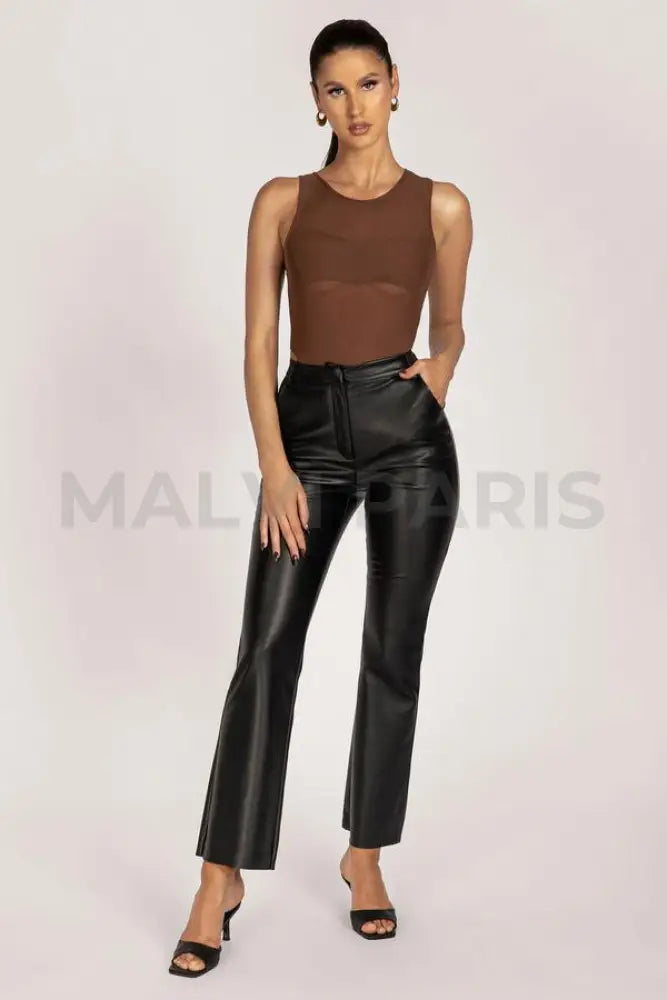 Ivanka Stretch Vegan Leather High Waist Trousers - Black - MALVI PARIS