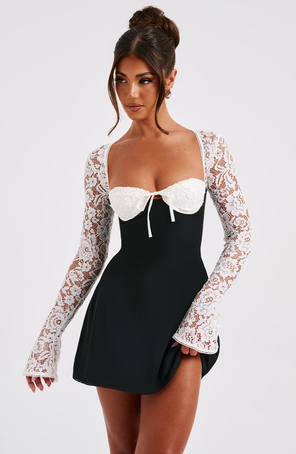 MADISON LONG  LACE SLEEVES BACK STRAPS MINI DRESS - BLACK & WHITE