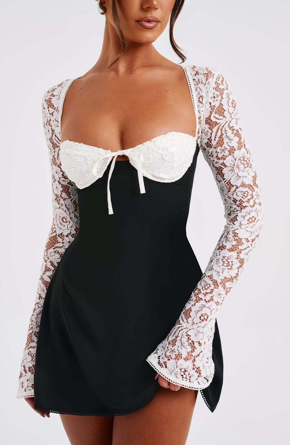 MADISON LONG  LACE SLEEVES BACK STRAPS MINI DRESS - BLACK & WHITE