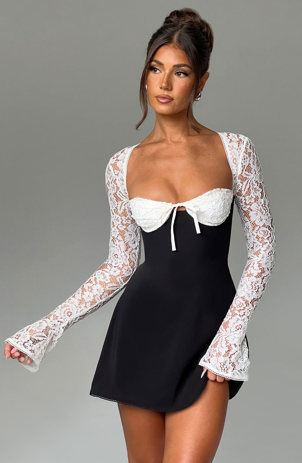 MADISON LONG  LACE SLEEVES BACK STRAPS MINI DRESS - BLACK & WHITE