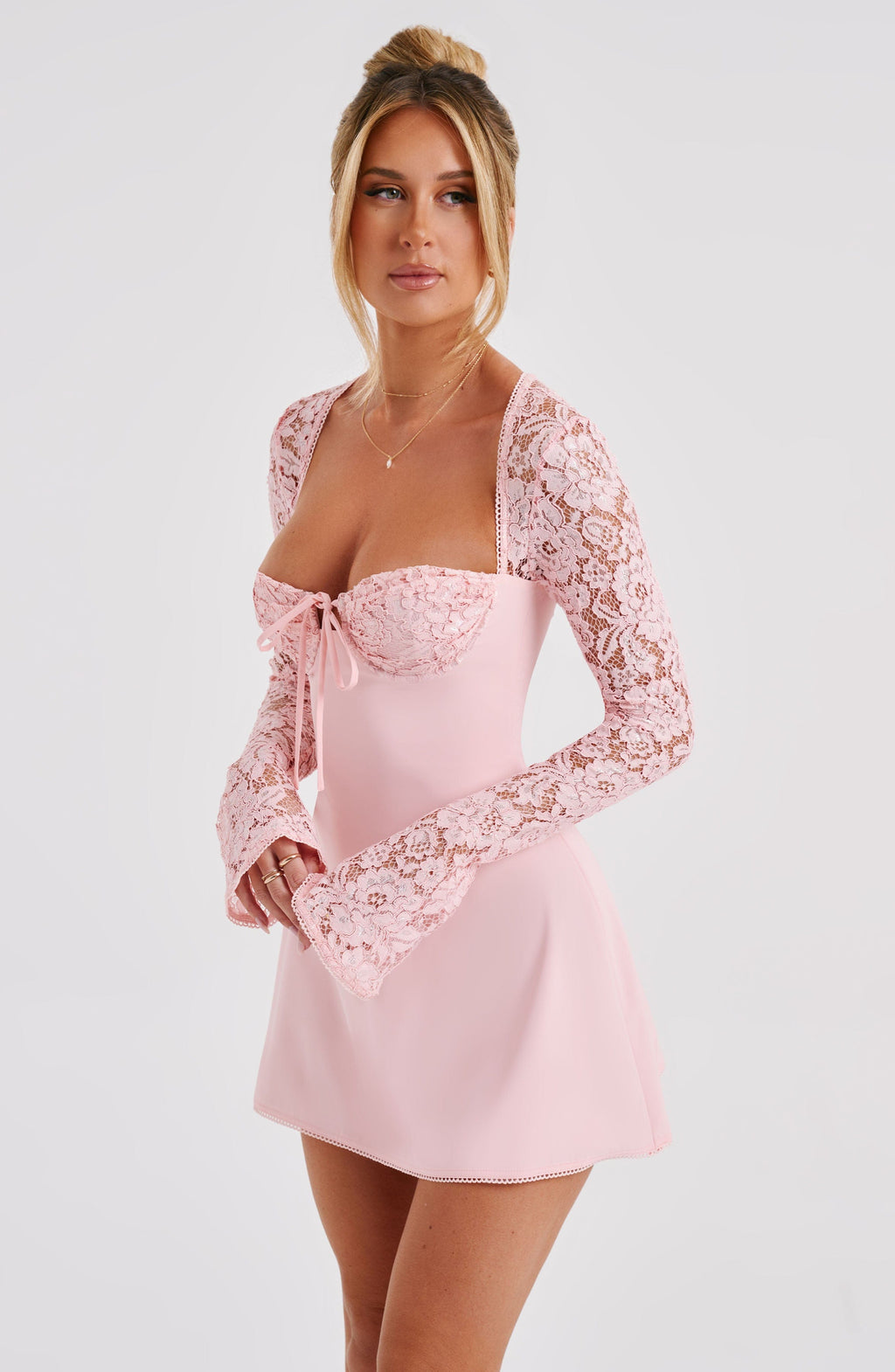 MADISON LONG LACE SLEEVES BACK STRAPS MINI DRESS - Light pink