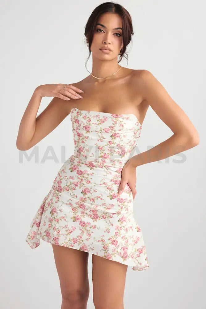 Jasmine Rose Print Draped Corset Mini Dress - White