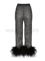 KATE RHINESTONE   EMBELLISHED STRAIGHT LEG FEATHERS PANTS - Black - MALVI PARIS