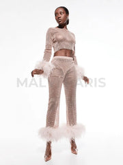 KATE RHINESTONE   EMBELLISHED STRAIGHT LEG FEATHERS PANTS - Blush Pink  / Beige - MALVI PARIS