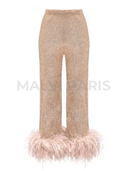 KATE RHINESTONE   EMBELLISHED STRAIGHT LEG FEATHERS PANTS - Blush Pink  / Beige - MALVI PARIS