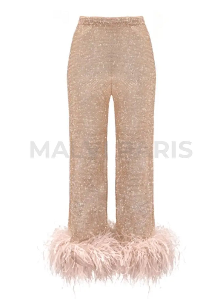 KATE RHINESTONE   EMBELLISHED STRAIGHT LEG FEATHERS PANTS - Blush Pink  / Beige - MALVI PARIS