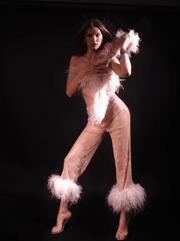 KATE RHINESTONE   EMBELLISHED STRAIGHT LEG FEATHERS PANTS - Blush Pink  / Beige - MALVI PARIS