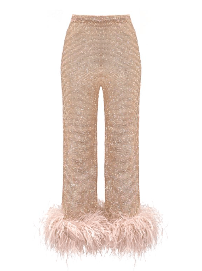 KATE RHINESTONE   EMBELLISHED STRAIGHT LEG FEATHERS PANTS - Blush Pink  / Beige - MALVI PARIS