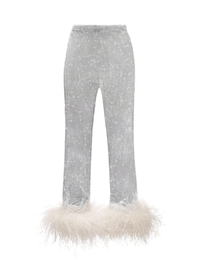 KATE RHINESTONE   EMBELLISHED STRAIGHT LEG FEATHERS PANTS - White - MALVI PARIS