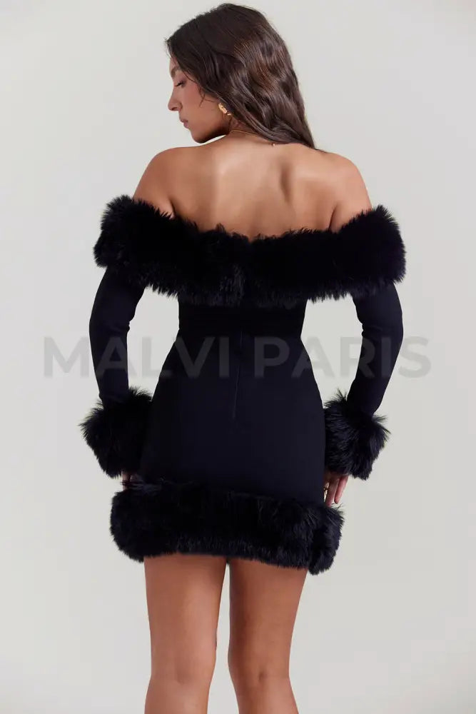 Keilani Black Long Sleeves Faux Fur Mini Dress -