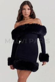 Keilani Black Long Sleeves Faux Fur Mini Dress -