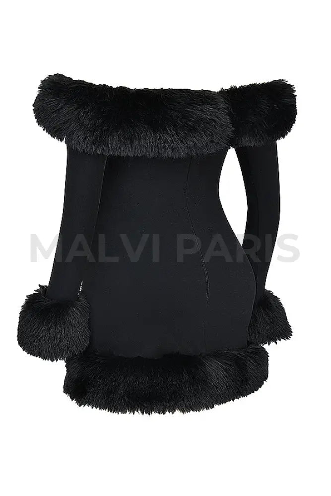 Keilani Black Long Sleeves Faux Fur Mini Dress -