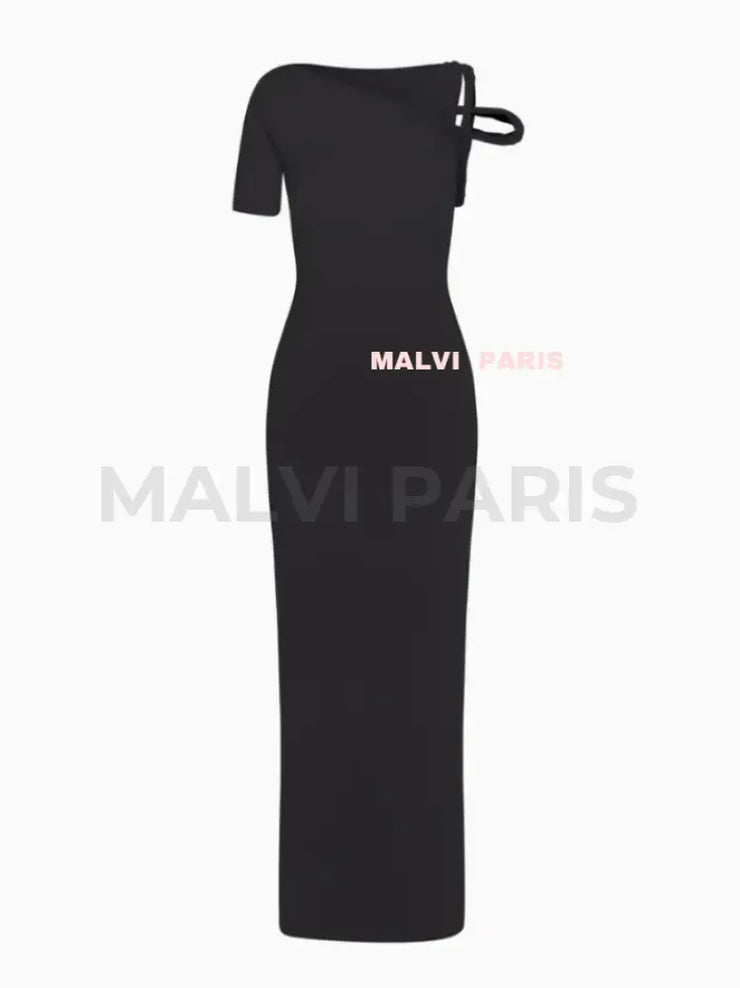 Kylie Mesh Sleek Stretch Twist Jet Black Ruched Maxi Dress - Black Party Dress