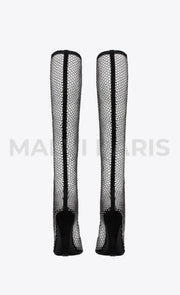 Lauren 68 Rhinestone Fishnet Crystal Knee Boots - Black