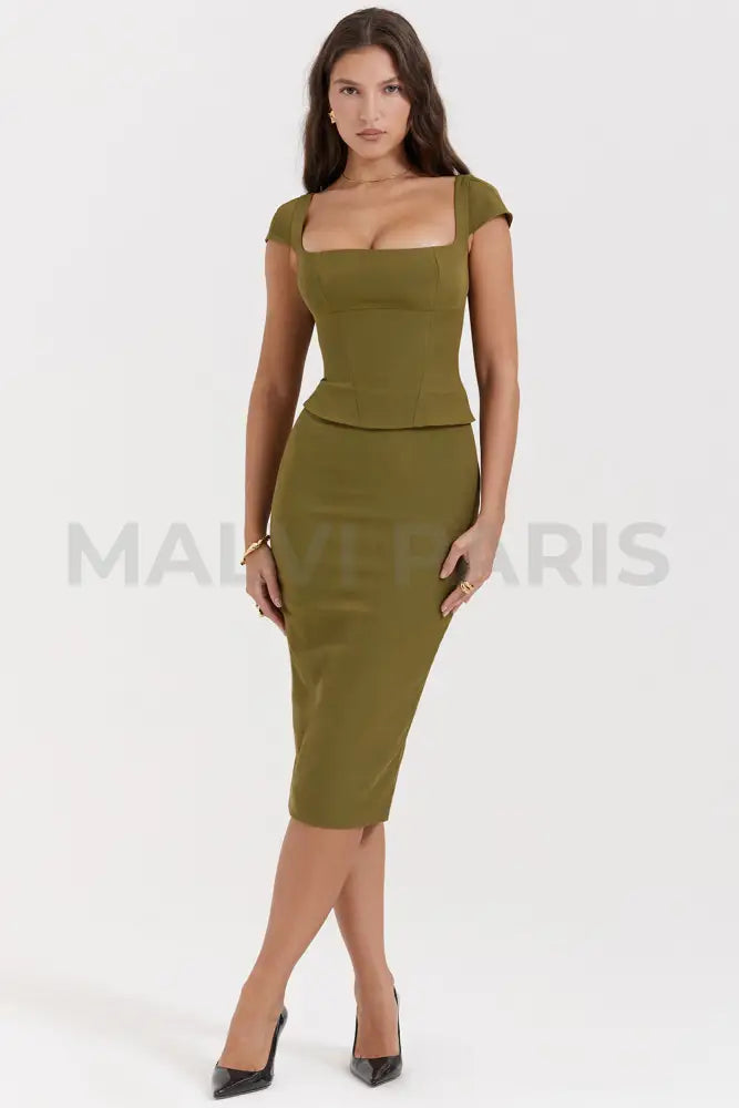 Layana Olive Corset Midi Dress - Olive Green