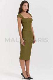 Layana Olive Corset Midi Dress - Olive Green