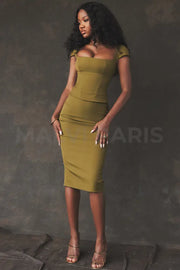 Layana Olive Corset Midi Dress - Olive Green