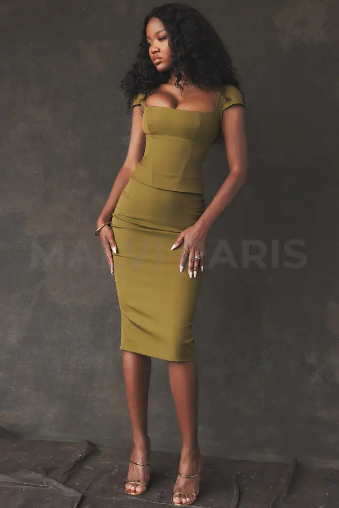 Layana Olive Corset Midi Dress - Olive Green