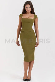 Layana Olive Corset Midi Dress - Olive Green