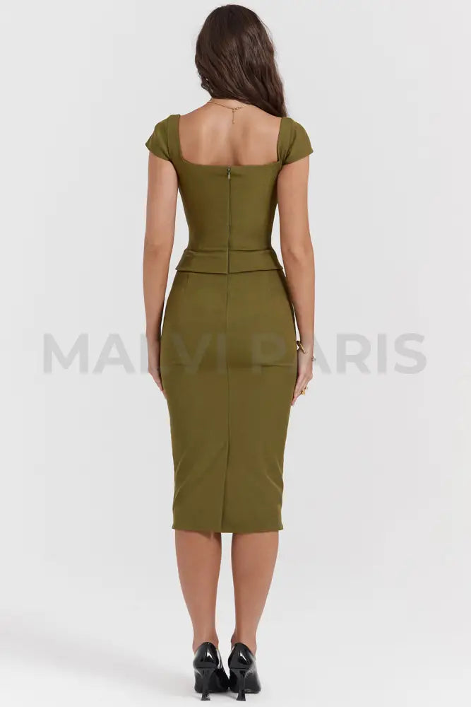 Layana Olive Corset Midi Dress - Olive Green