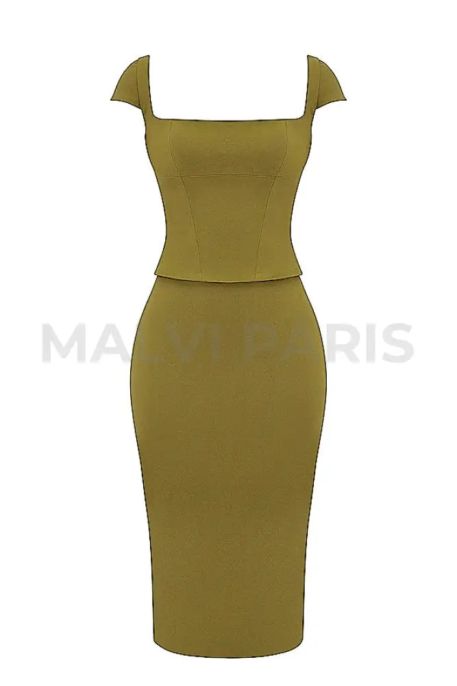 Layana Olive Corset Midi Dress - Olive Green