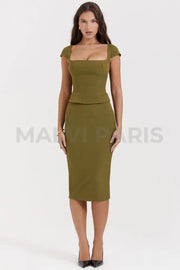 Layana Olive Corset Midi Dress - Olive Green