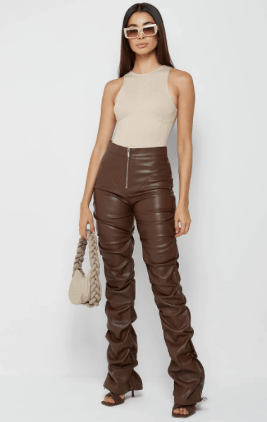 VEGAN LEATHER FLARED PANTS-CHOCOLATE BROWN